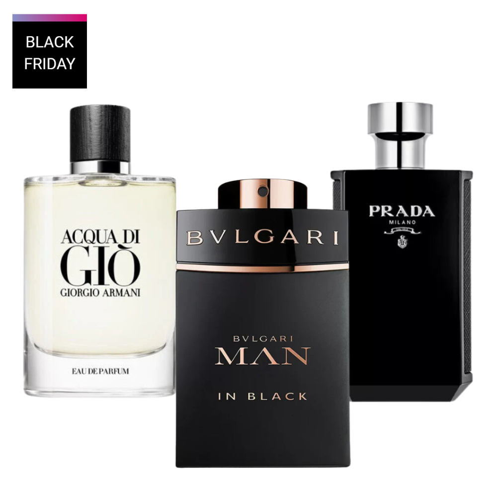 3 perfumy Bvlgari In Black, Giorgio Armani Acqua Di Gio, L'Homme Prada Intense (Eau Parfum)