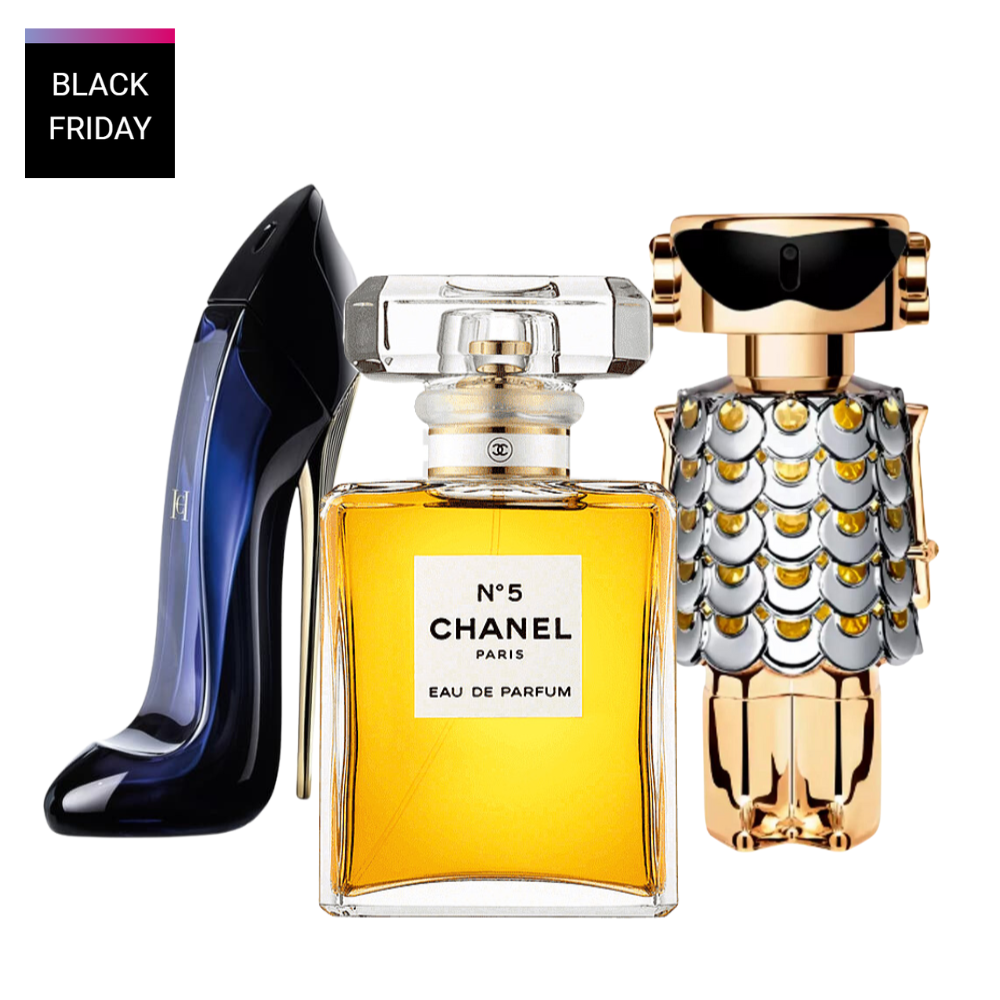 3 perfumy Carolina Herrera GOOD GIRL, Chanel Nº5 et Paco Rabanne FAME (Eau de Parfum)