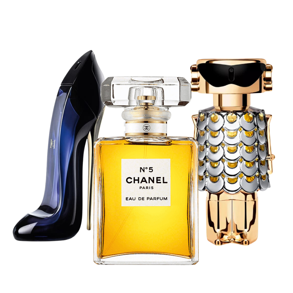 3 perfumy Carolina Herrera GOOD GIRL, Chanel Nº5 et Paco Rabanne FAME (Eau de Parfum)