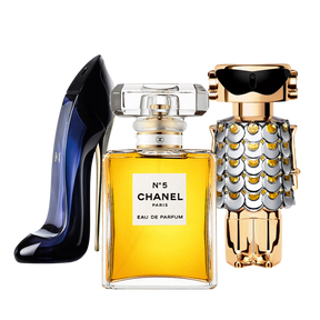 3 perfumy Carolina Herrera GOOD GIRL, Chanel Nº5 et Paco Rabanne FAME (Eau de Parfum)